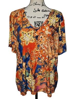 Nygard Boho Paisley V-Neck Blouse in Orange & Blue